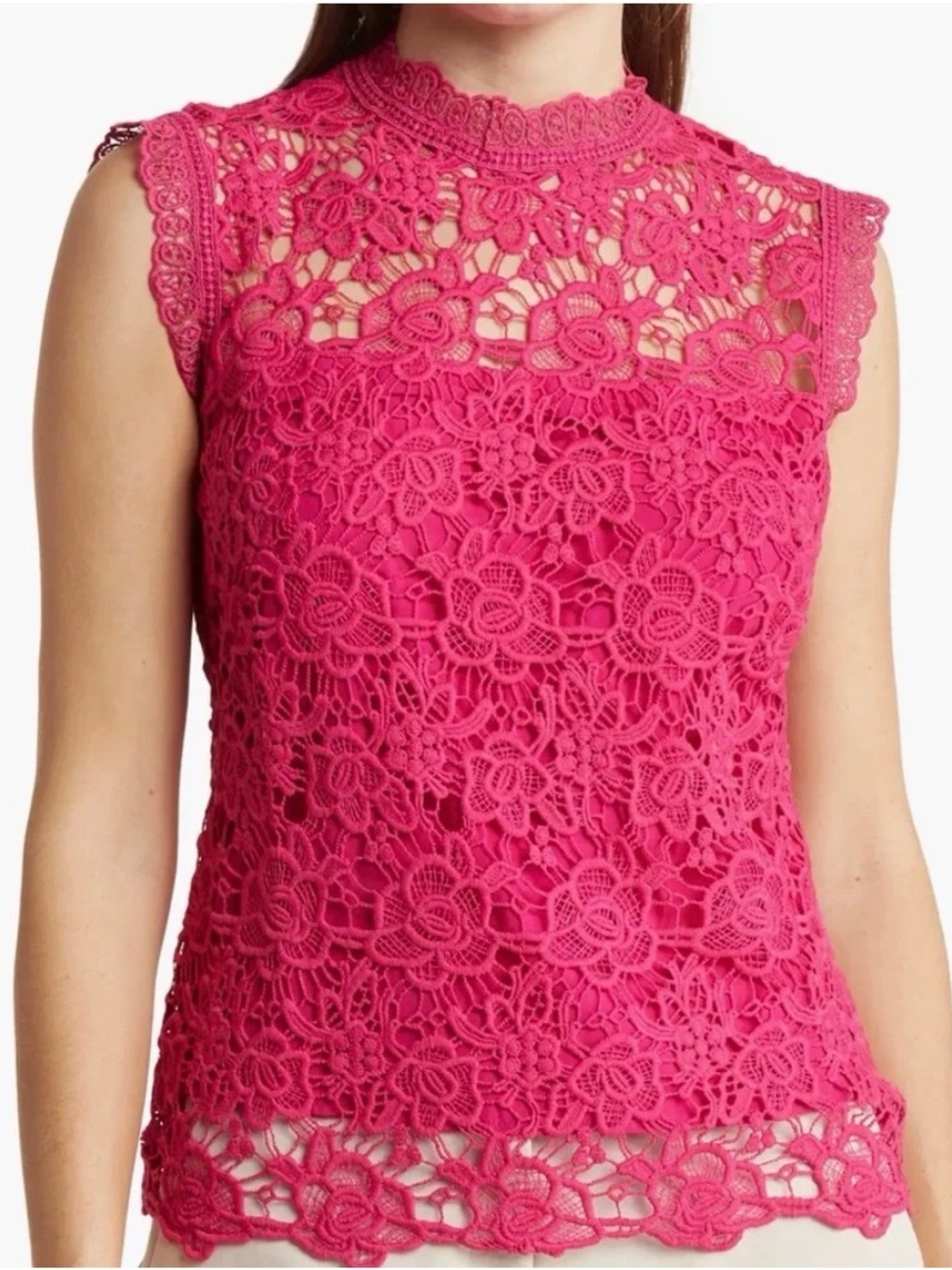 Nanette Lepore Hot Pink Floral Lace Sleeveless Mock Neck Top